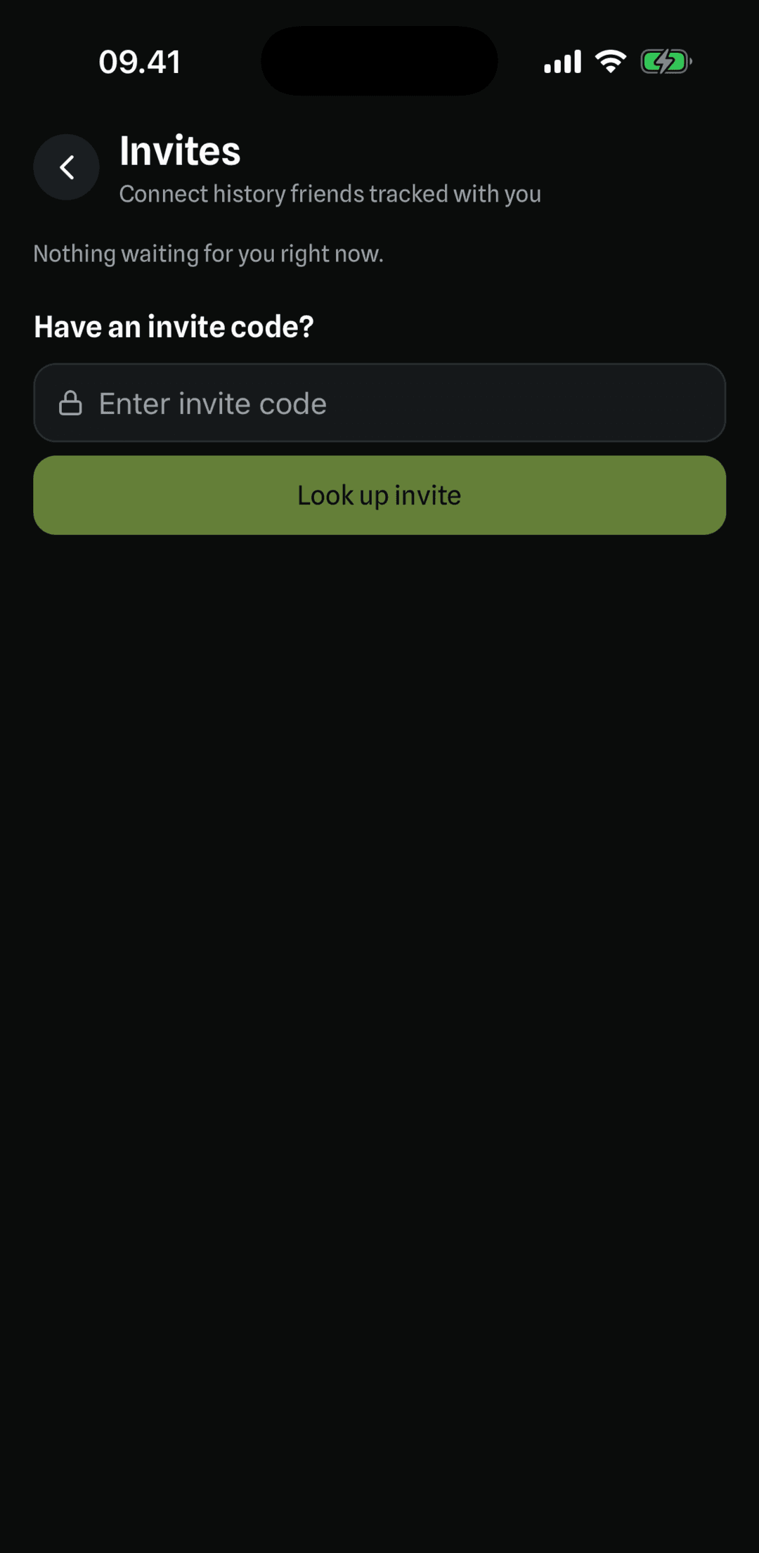 The Invites screen with the invite-code entry field and Look up invite button