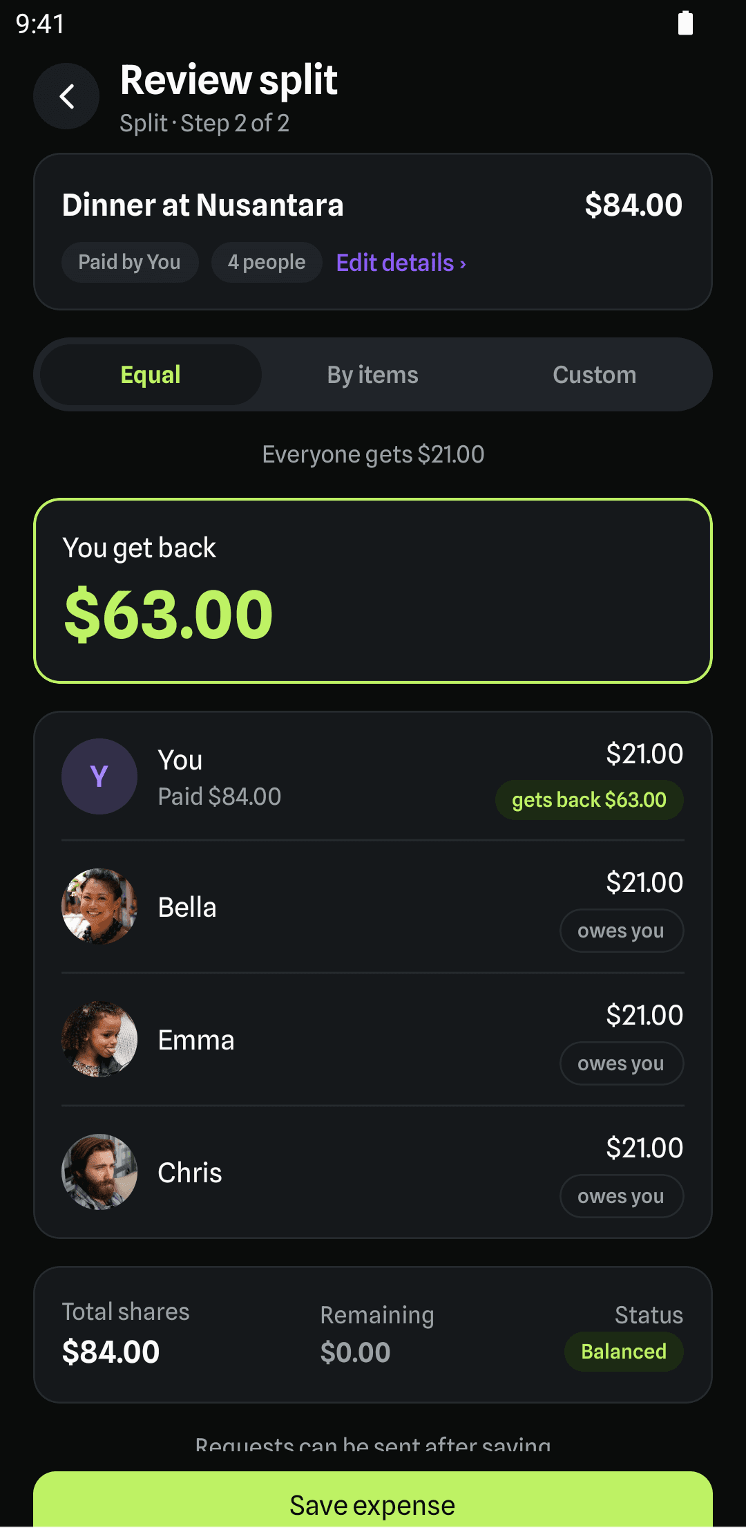 The review step showing each person's share of the bill